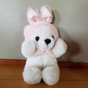 Dakin Bear W/ Easter Bunny Ears Stuffed Animal 10" White Cuddles  Plush Pink Hat
